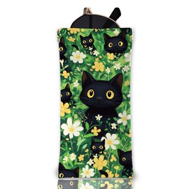 GLOBLELAND Black Cat Soft Glasses Case Flowers Squeeze Top Eyeglass Case Travel PU Leather Sunglass Case Portable Sunglasses Pouch for Women Men