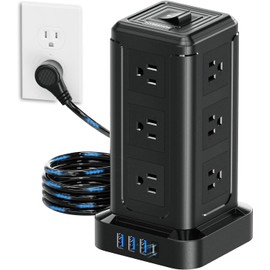 NVEESHOX Regleta Multicontacto, Torre Multicontacto USB con 12 Tomas de CA y 4 USB(1 USB C- PD 20W), Extension Electrica de 3 m, Enchufe Multiple con Protector de Sobretensión para Hogar y Oficina