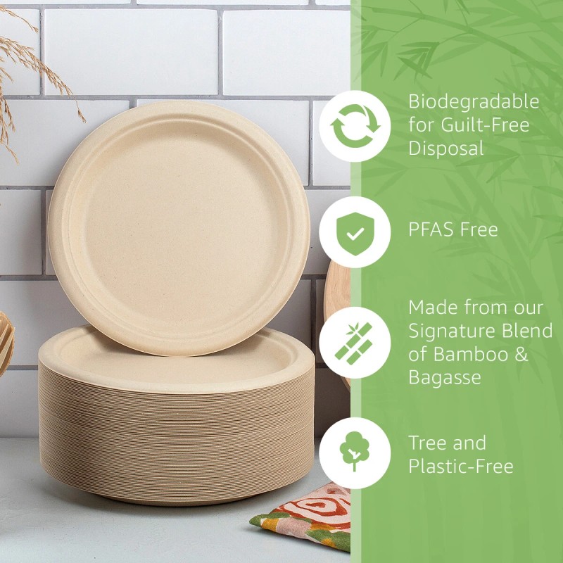 Ibambo Bamboo Disposable Paper Plates - Compostable Plate, PFAS Free