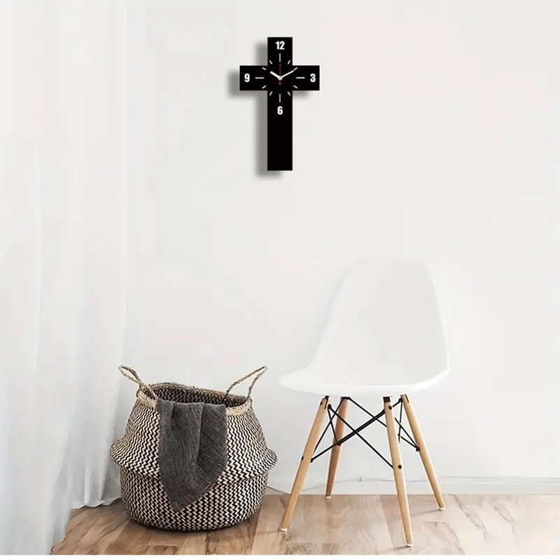 THIDARGO Modern Cross-Shaped Wall Clock, Black, Minimalist Design, 12 x