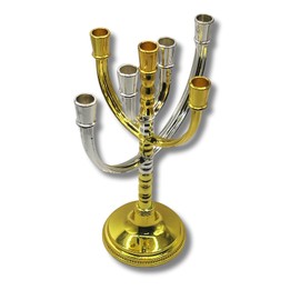3 Arches USA 7 Branch Rotating Metal Temple Menorah Candelabra - Silver & Gold Plated Home Decor Candle Holder -Round Gold Decor, Fits Standard 1/2" Candles