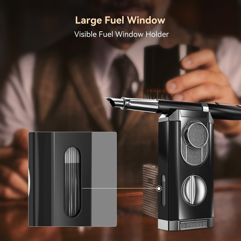 All-in-One Triple Torch Lighter, Built-in V Cutter, Holder, Adjustable Windproof