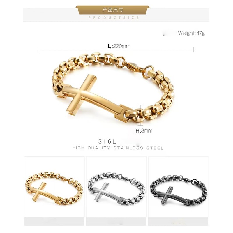 MOOSKI Mens Cross Bracelet,316L Stainless Steel Gold Chain Link Bracelet