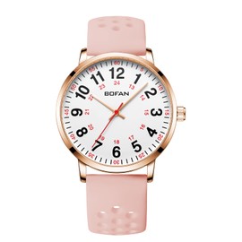 BOFAN Nurse Watch for Nurse,Medical Professionals,Students,Doctors with Easy to Read Dial,Second Hand and 24 Hour,Breathable Silicone Band,Water Resistant（Rose Gold-Pink）