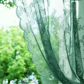 Deeprove - Cortinas transparentes de encaje verde oscuro de 45 pulgadas de largo, juego de 2 paneles con bordado de flores, estilo clásico, para decoración de ventanas, para recámara de granja, sala