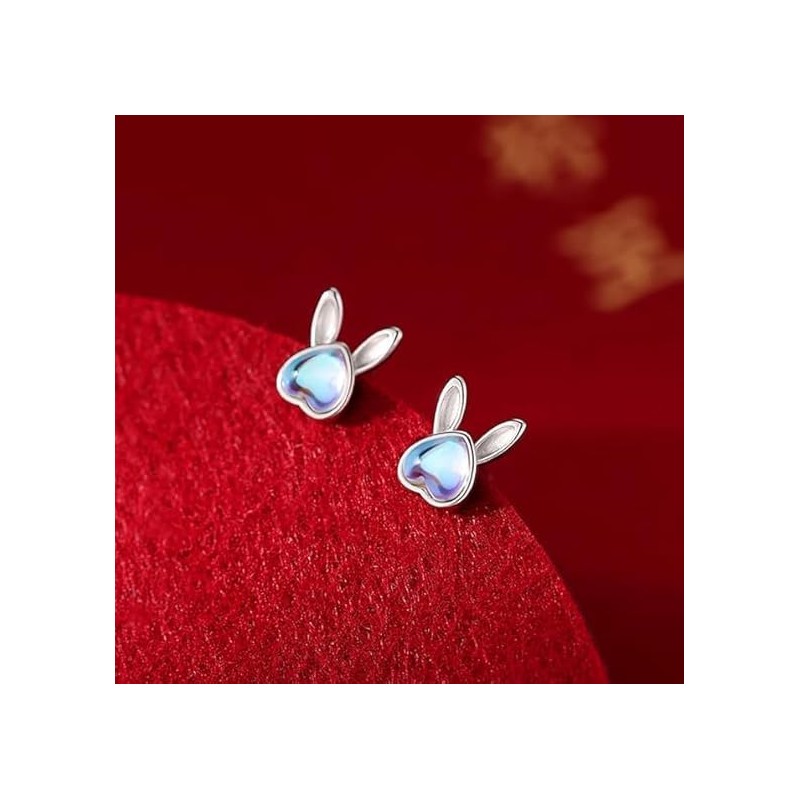 1Pair Silver Bunny Rabbit Stud Earrings for Women Cute Opal