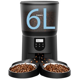 Automatic Cat Feeders for Two Cats, Katalic 6L/25.4cup Double Food Dispenser with 2 Stainless Bowls,10s Meal Call and Timer Setting 20 Portions 4 Meals Per Day,Pet Feeder Dog, Transparent Black, PF03