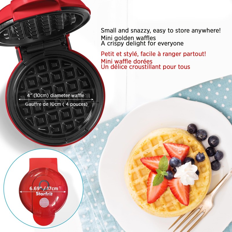 Starfrit Electric Mini Waffle Maker 4" Non-Stick Cooking Surface Easy