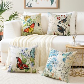 JOTOM Set of 4 Waterproof Cushion Covers 45x45 cm Outdoor Flower Butterfly Pillow Covers Farmhouse Decorative Throw Pillow Cases for Patio Garden Porch Bench Sofa Indoor Bed Home (Butterfly Birds)