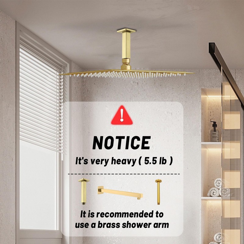 BELLEARLY 16 Inch Large Rainfall Shower Head High Pressure Square