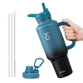Trebo Insulated Water Bottle 40oz that Fits in Car Cup Holder with Spout Straw Lids, Stainless Steel Bottles Travel Flask with Handle, Metal Reusable Tumbler, Leakproof Keep Cold &Hot,Indigo/Black