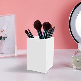 2 Pack Acrylic Pen Pot Acrylic Pen Pencil Holder Cup Desktop Stationery Makeup Brush Storage Organizer Candy Box for Desk Table, Office School Supplies 6.5 x 6.5 x 10 cm (White Color - 2 Pack)