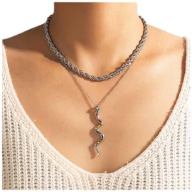 Cimenexe Bohemian Layered Snake Pendant Necklace Silver Twist Rope Chain Necklace Crystal Serpent Choker Necklace Layered Colorful Cz Snake Necklace Jewelry for Women and Girls Gifts