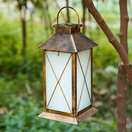 2 Pack Solar Lantern with Flickering Flame Candle, 13" Outdoor Waterproof Solar Lanterns Garden Decorative, Glass Hanging Lantern Metal for Outdoor Patio Yard Tabletop Decoration, Bronze-Cross