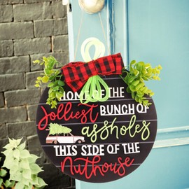 National Lampoon's Christmas Vacation Holiday Decor Wooden Wreath, Christmas Wooden Hanging Sign Door Wreath, Home of The Jolliest Bunch of Plaque This Side of The Nuthouse Sign Welcome Door Sign