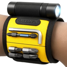 Galvanox Magnetic Wristband with Hands-Free Work Light (3-Mode) for Holding Screws Nails and Drill Bits, Durable Nylon with Powerful Magnets - Tool Gift for Men, Dad, Husband, Handyman (Yellow)
