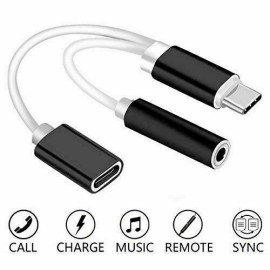 Unbranded 2-in-1 Type-C to 3.5 mm Audio Jack Headphone And Charging Adapter Black & White - White