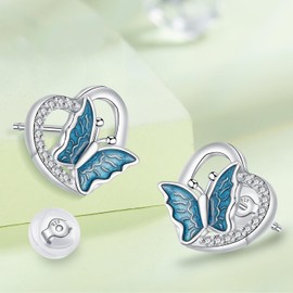 Hifeeled Butterfly Earrings Women's 925 Sterling Silver Heart Stud Earrings for Women Original Jewellery Gift Wife Mum Girl Daughter, Silver, Cubic Zirconia