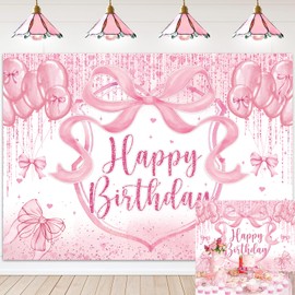 Bow Coquette Birthday Party Decorations Pink Bow Happy Birthday Photography Background for Girls Women Bachelorette Party Decorations Banner Supplies (8x6FT: 96x72 inch)