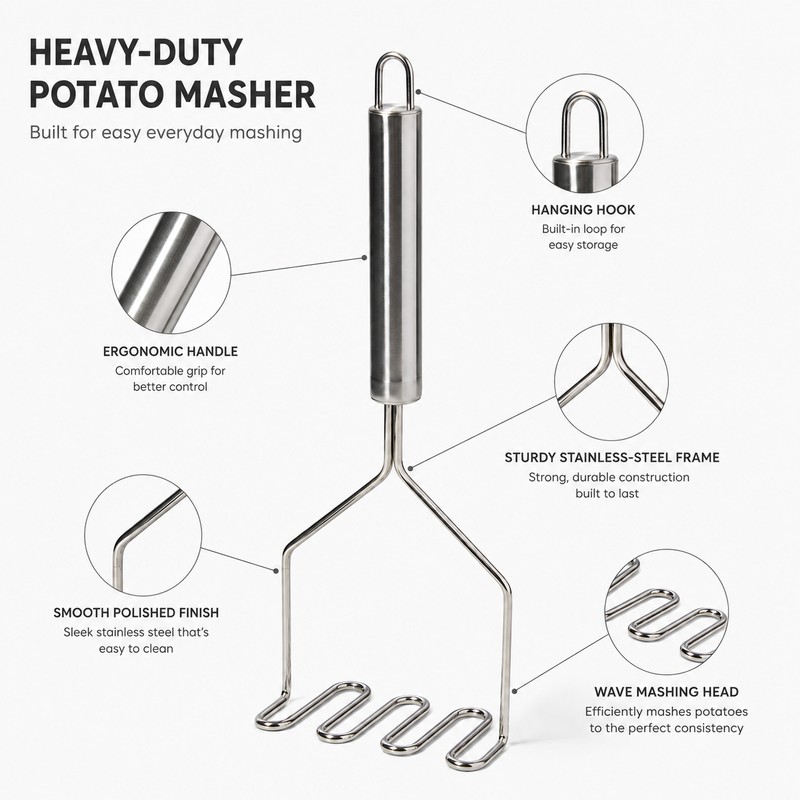 Stainless Steel Potato Masher for Kitchen Prep – Manual Food