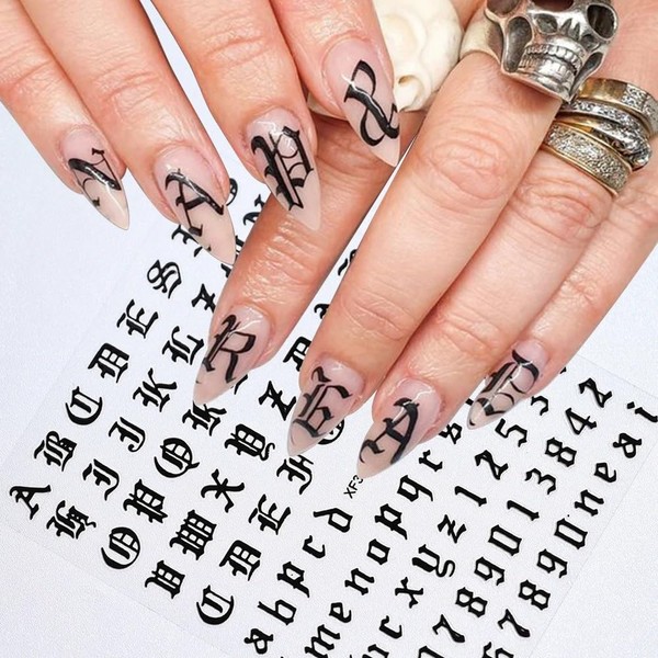 12 Sheets Old English Alphabet Letter Number Nail Art Sticker