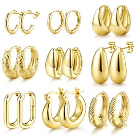 JeweBella 9 Pairs Gold Hoop Earrings Set for Women Girls 14K Gold-Plated Earrings Hypoallergenic Chunky Small Gold Hoop Earrings Set Gold Hoop Earrings Cartilage Huggie Hoop Earrings Fashion Jewellery