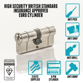 High Security TS007 1 Star Euro Cylinder Lock, British Standard, Insurance Approved Barrel Lock and Key Sets. Supplied with 3 Keys. UPVC Door Locks. (45mm x 50mm (95mm Total))