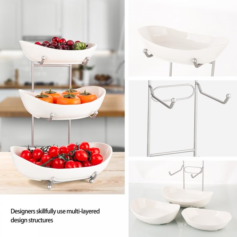 YYW 3 Tier Fruit Bowl for Kitchen Counter, White Ceramic