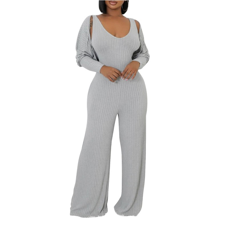 Women's 2 Piece Outfits Long Sleeve Crop Cardigan Wide Leg