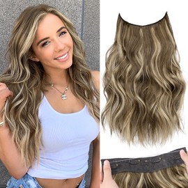 KooKaStyle Invisible Wire Hair Extensions with Transparent Headband Adjustable Size 4 Secure Clips Long Wavy Secret Wire Hairpiece 16 Inch Medium Brown Ash Blonde for Women