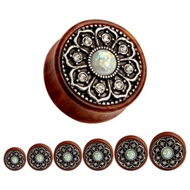 Kubooz 1 Pair of Vintage Flower Ear Plugs / Tunnels / Wedge Piercings, Wood with Opal Centre, Stainless Steel