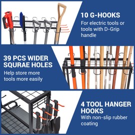 Garden Tool Organizer, Yard Tools Rack Holds 55 Long-Handled Tools/Rakes/Brooms for Garage Organization and Storage, Shed, Outdoor, Lawn, Heavy-Duty Steel, Black, Easy Assembly