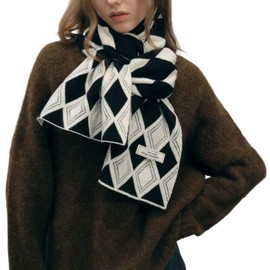 MININAI Fashion Argyle Pattern Scarves for Women Fall Winter Plaid Knit Scarf Soft Cold Weather Warm Y2k Accessories (Black)