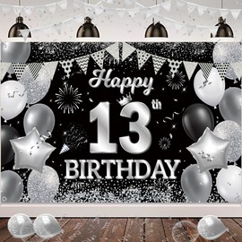 13th Birthday Decoration Girls Boys - Happy 13th Birthday Banner Background Black Silver Extra Large Fabric Birthday Banner for Children 13 Years Indoor Outdoor (180 x 110 cm)