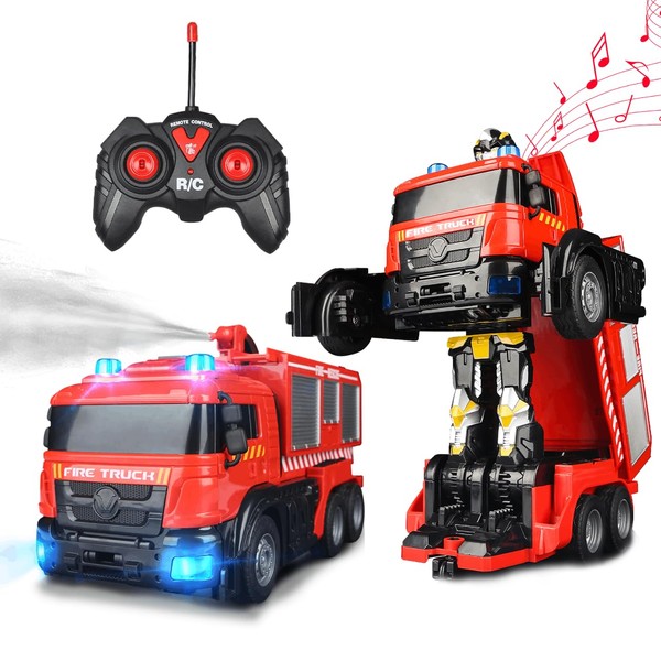 Hodlvant Fire Truck Car Transforming Robot Car Fire Rescue Toy RC Truck Transport Car for Age 4-12, Toy Fire Engine Remote Control Play Vehicle for Kid Boys Xmas Birthday Easter Gift
