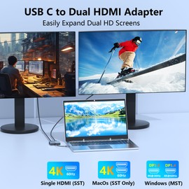 Dual HDMI Adapter for 2 Monitors, Double 4K@60Hz HDMI Splitter for dual monitors, Dual Monitor Adapter, hdmi Splitter Extended Display, USB C Laptop Docking Station Dual monitor for Dell/Mac/HP/Lenovo