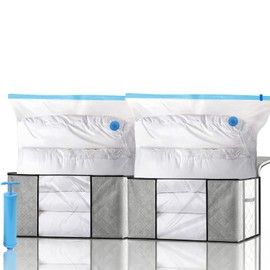 Leavans Pack of 2 90 L Storage Bags, 2 Vacuum Bags, 1 Hand Pump, Storage Box with Lid, with Reinforced Handle, Moving Boxes with Window, Foldable Storage Boxes, for Duvets, Clothes, Blankets