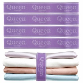 Siaomo Bed Sheet Organizer Bands, Sheet Set Storage Size Marking Bands, Elastic Bedding Sheet Straps Wraps for Organizing Linen Closet（Queen 4PCs | Purple）