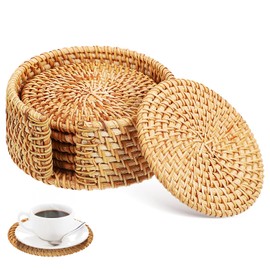 Kichvoe Set of 6 Rattan Cup Mats Coasters Set With Holder 10cm Heat Resistant Woven Wicker Boho Coasters Round Tea Cups Mat Coffee Table Placemats For Drinks Kitchen Home Office Bar Tabletop Outdoor