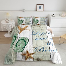 Homewish Teens Flip-Flops Comforter Set Queen Size,Green White Wooden Bedding Set for Kids Boys Girls Bedroom Decoration,Rustic Wooden Bed Duvet Insert,Summer Theme Comforter with 2 Pillowcases