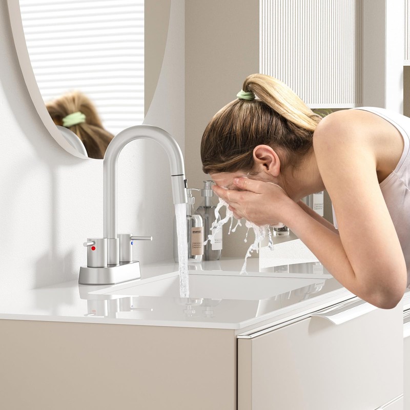 NOHALIPY Stainless Steel Brushed Nickel Bathroom Faucet with Pull Out