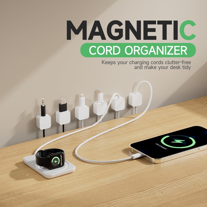 6 White Magnetic Cable Clips,Under Desk Cable Management,Cord Holder for