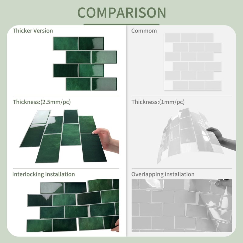 MOONFUN 10 Sheet Thicker Subway Tiles Dark Green Peel and