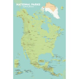 North America National Parks Checklist Map 24x36 Poster (Green & Aqua)