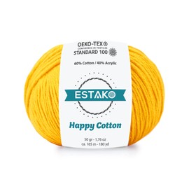 Estako Happy Cotton, 60% Cotton 40% Acrylic Yarn, Soft, Fine/Sport (2) for Crochet and Knitting 1.76 Oz (50g) / 180 Yrds (165m) (4730 - Mustard Yellow)