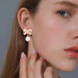 Gold Pearl Bow Earrings for Women Ribbon Dangle Drop Stud Earrings Silver Dainty Faux Pearl Earrings for Women Jewelry for Mom Her-Golden+pink