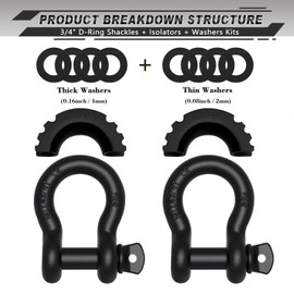 AUTMATCH D Ring Shackle 3/4" Shackles (2 Pack) 41,887Ibs Break Strength, Clevis Shackle with 7/8" Screw Pin and Shackle Isolator Washer Kit for Tow Strap Winch Off Road Vehicle Recovery, Frosted Black