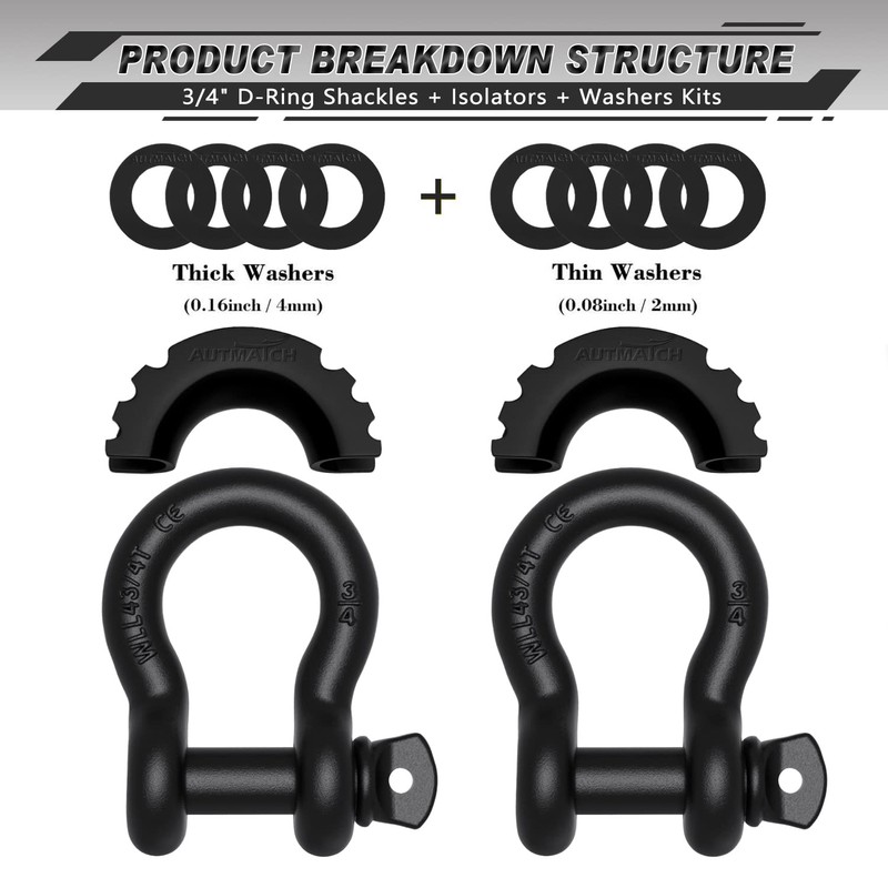 AUTMATCH D Ring Shackle 3/4" Shackles (2 Pack) 41,887Ibs Break