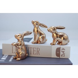 JORAE Gold Bunny Statues Easter Rabbit Figurines Set of 3 Vintage Rabbit Statues Animal Home Décor Office Table Ornament, Champagne Gold, 4" H, Polyresin