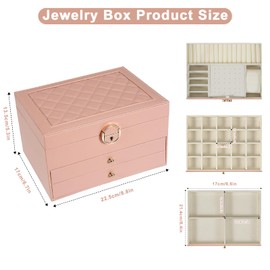 Unimoly 3-Layer Jewelry Box for Women, Jewelry Organizers and Storage with Removable Jewelry Tray, Vintage Quilted Top Lockable Jewelry Holder Gift Idea Pink